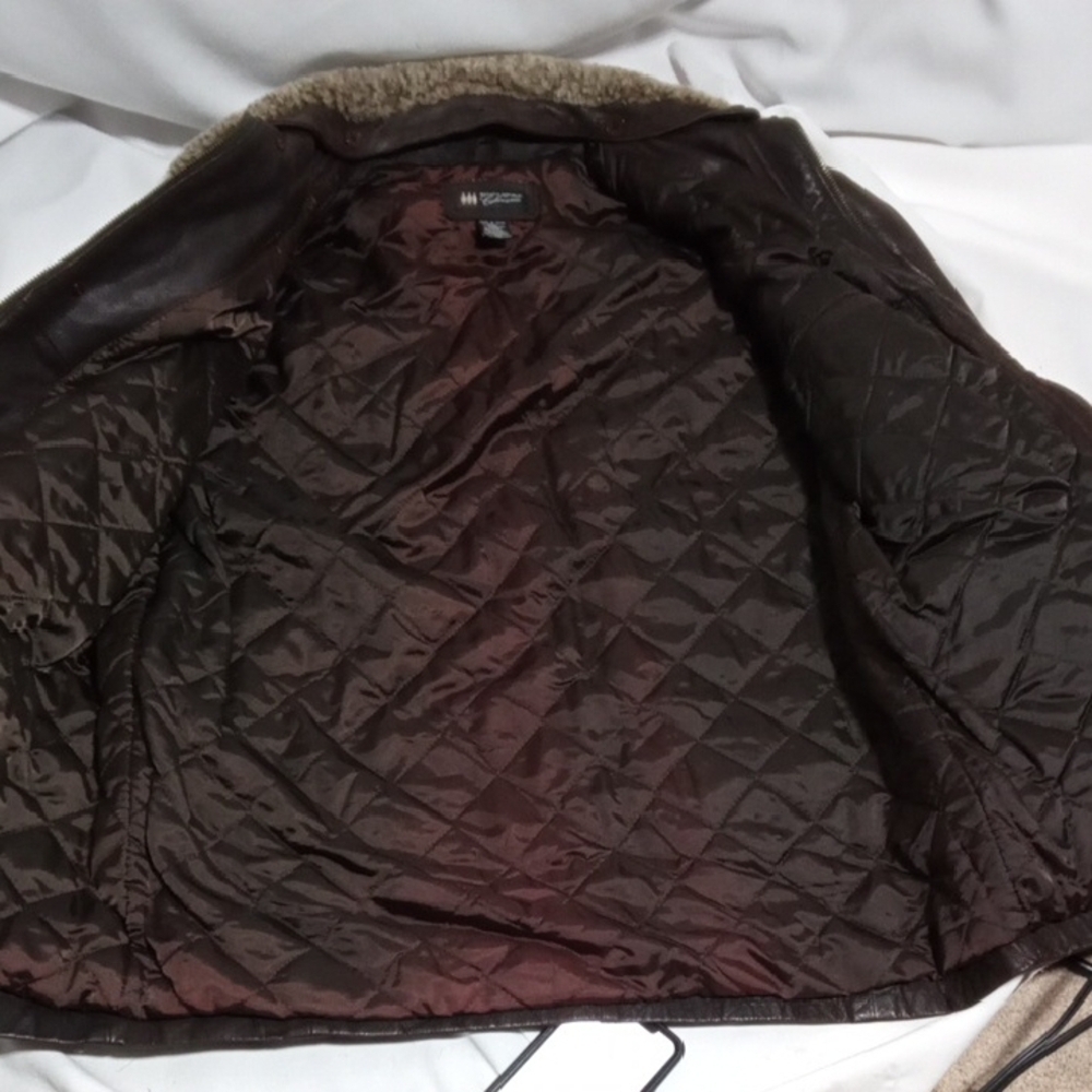 Banana Republic Brown Leather Rancher Zip Detachable Shearling Collar Jacket Med - Picture 15 of 15
